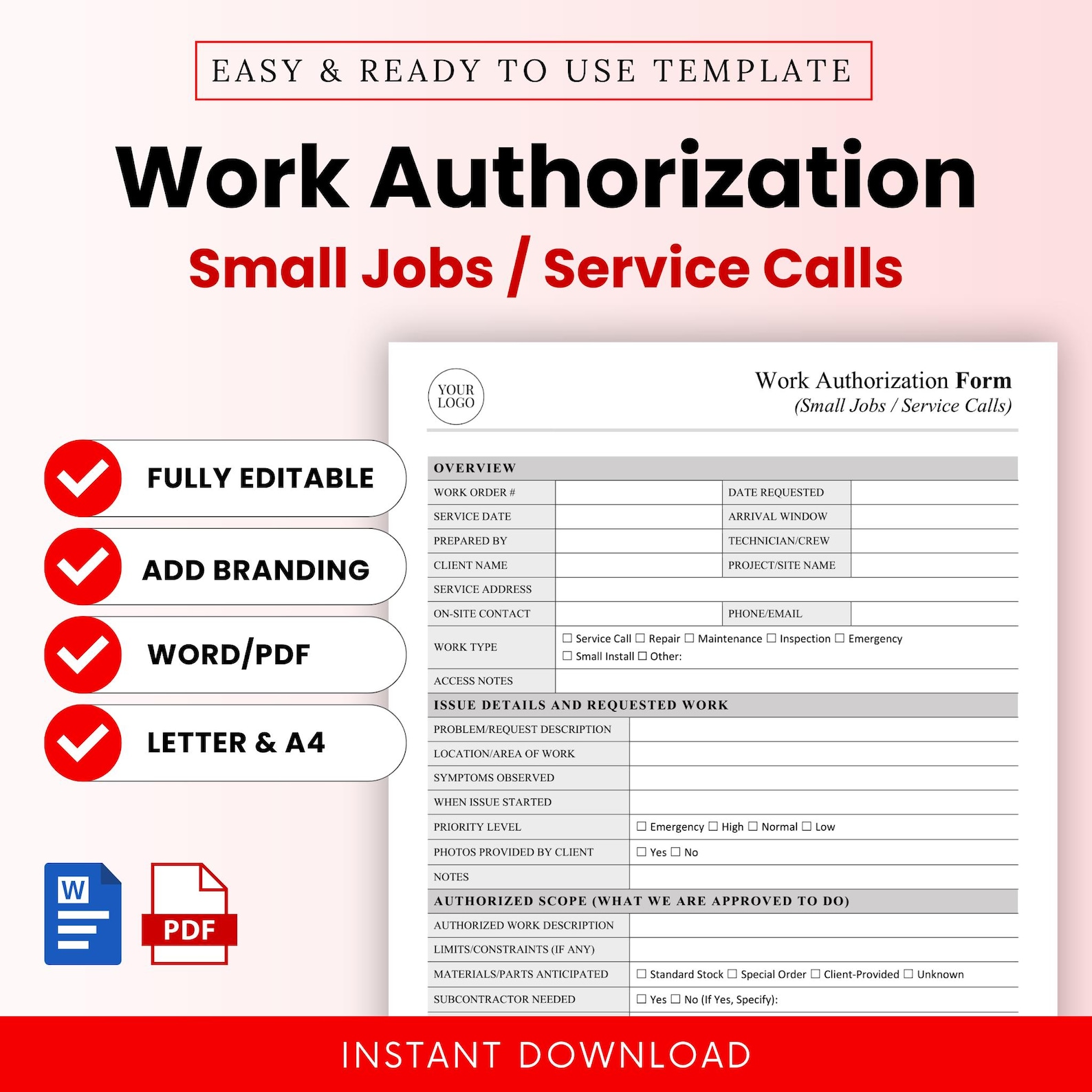 Work Authorization Form Template (small Jobs and Service Calls) – Word ...
