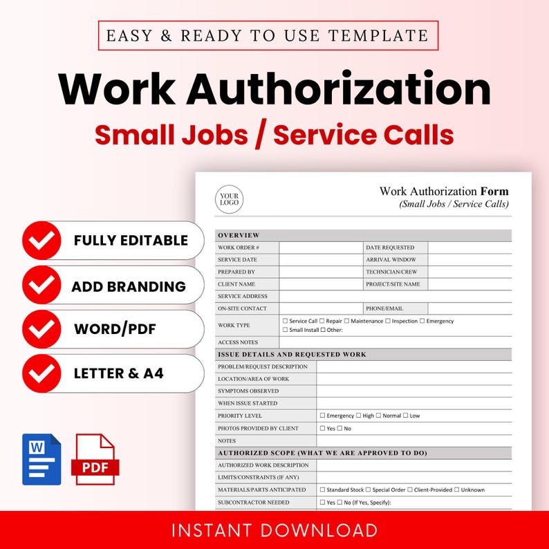 Work Authorization Form Template (small Jobs and Service Calls) – Word ...