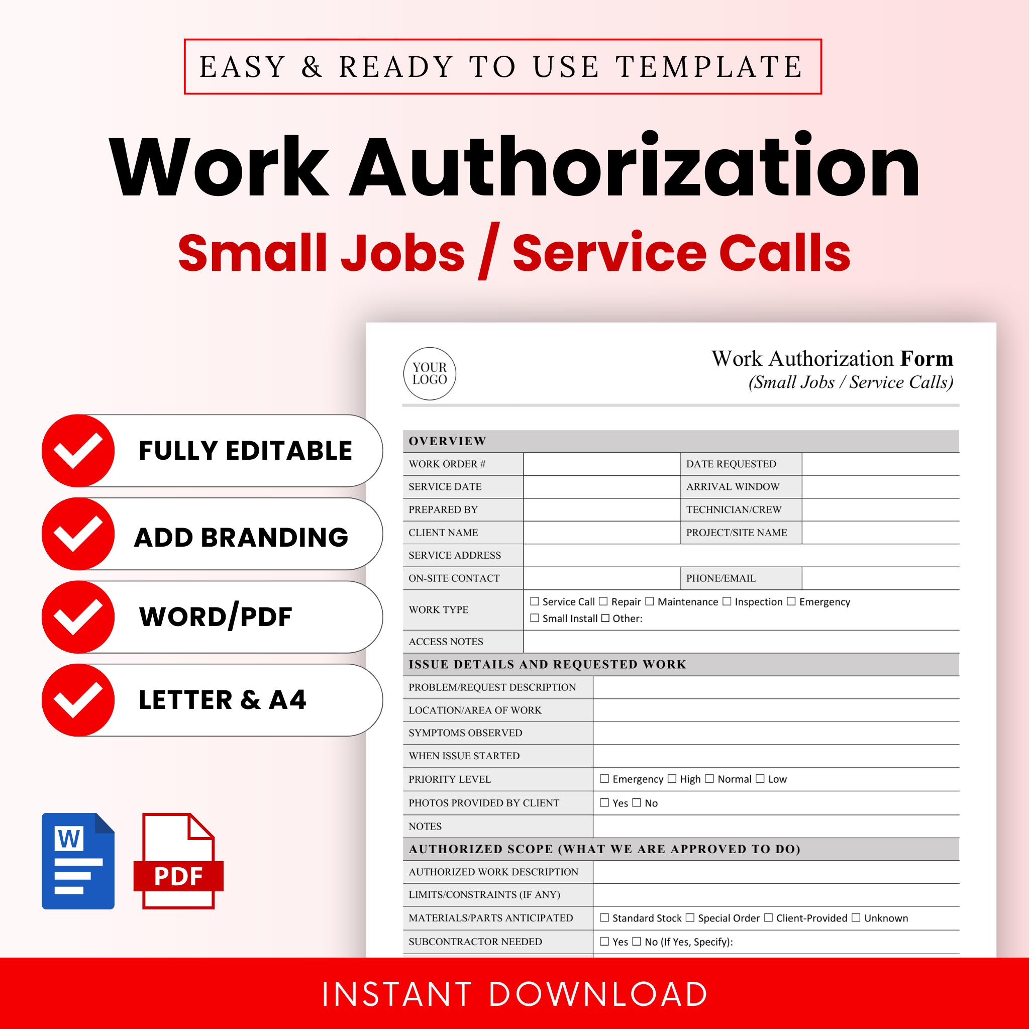 Work Authorization Form Template (small Jobs and Service Calls) – Word ...
