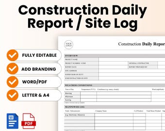 Construction Daily Report / Site Log Template – Word & PDF, A4 + US Letter