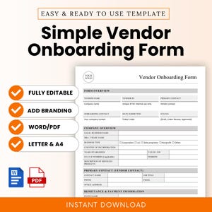 Puede incluir: Una plantilla de formulario de incorporación de proveedores con un diseño limpio y profesional. El formulario incluye secciones para información del proveedor, descripción general de la empresa y datos de contacto. La plantilla es totalmente editable, permite la marca y está disponible en formatos Word/PDF y tamaños A4.