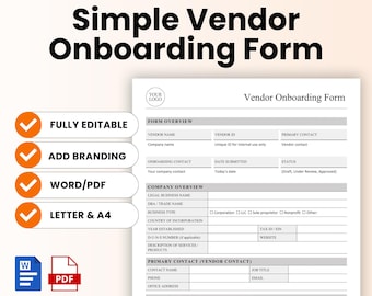Simple Vendor Onboarding Form Template (Word, PDF) | New Vendor Questionnaire, Supplier Intake and Procurement, Editable Word Doc, PDF
