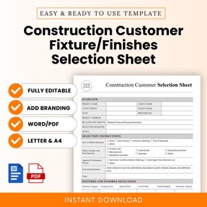 Peut inclure: Modèle de feuille de sélection de finitions/appareils pour clients de la construction, imprimable. Le document comprend des sections pour les détails du projet, les instructions de sélection et les sélections de finitions/appareils. Téléchargement instantané.