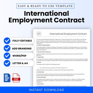 May include: A blue and white template for an international employment contract. The template is fully editable and includes branding options. It is available in Word and PDF formats and is letter and A4 size. The text on the template reads "International Employment Contract".