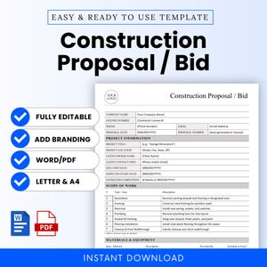 May include: A white construction proposal template with black text. The title reads "Construction Proposal / Bid". Features include "Fully Editable", "Add Branding", "Word/PDF", and "Letter & A4". Includes sections for project information and scope of work.