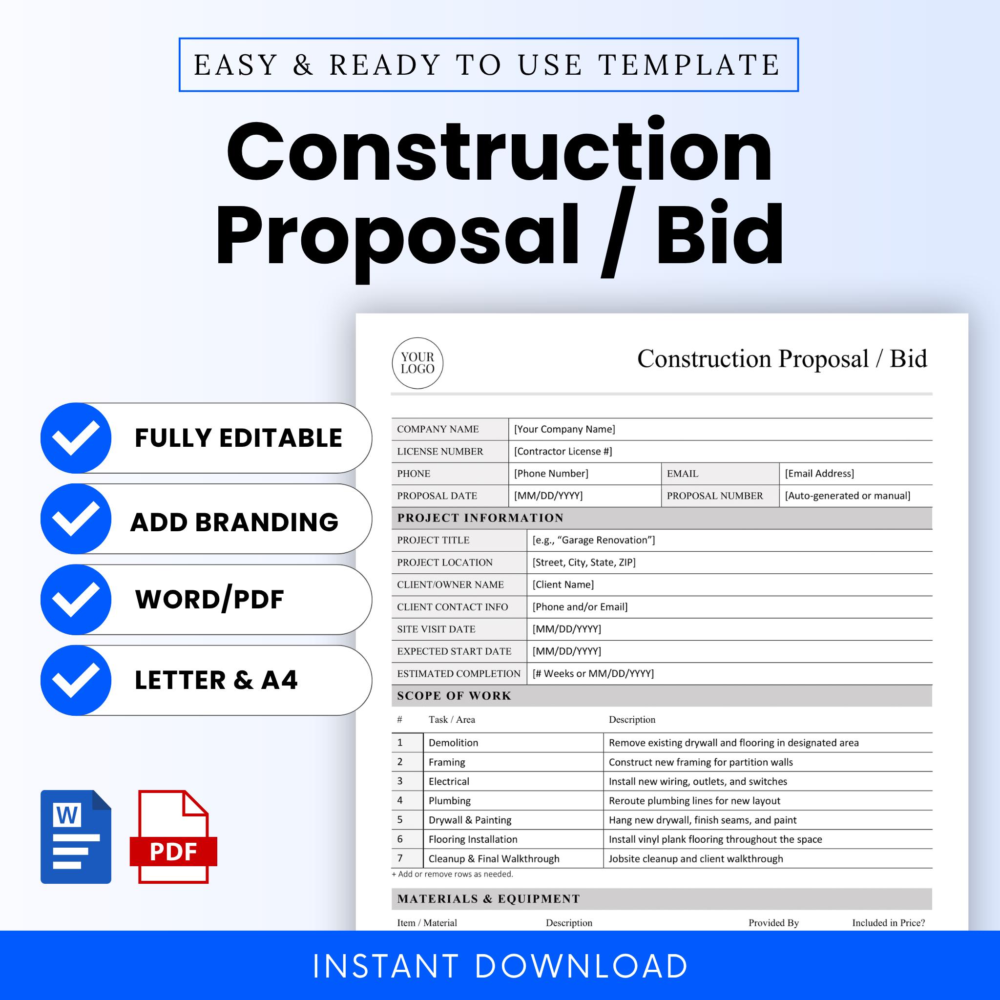 Construction Proposal / Bid Template – Word & PDF, A4 + US Letter - Etsy