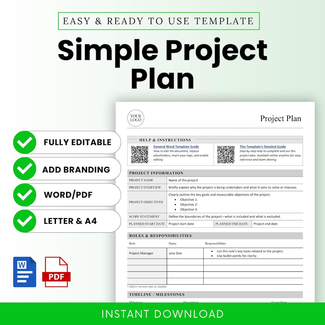 Simple Project Plan Template (word, PDF) | Project Management Template ...