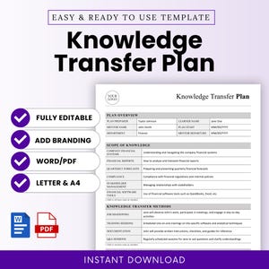 Puede incluir: Una plantilla blanca y morada titulada "Knowledge Transfer Plan" con el texto "Easy & Ready to Use Template" en la parte superior. Las características incluyen "Fully Editable", "Add Branding" y "Word/PDF". La plantilla es una descarga instantánea.