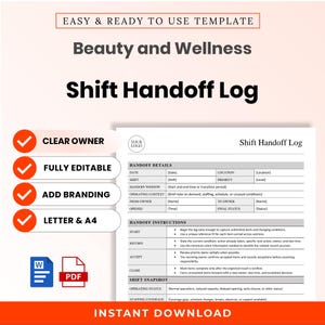 Puede incluir: Una plantilla digital para un registro de traspaso de turno de Belleza y Bienestar. El documento incluye secciones para detalles de traspaso, instrucciones y un resumen del turno. Contiene campos para fecha, ubicación, turno, prioridad y responsable.