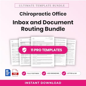 Könnte beinhalten: Ein digitales Bündel mit 11 professionellen Vorlagen für eine chiropraktische Praxis, einschließlich Posteingangs- und Dokumenten-Routing-Formularen. Die Dokumente sind gestapelt mit einem rosa Banner 11 PRO TEMPLATES. Word- und PDF-Symbole.