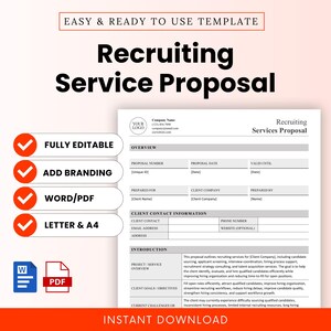 May include: A recruiting service proposal template with the title "Recruiting Service Proposal" in bold black font. The template includes sections for company information, client contact details, and an introduction. Features include fully editable, add branding, Word/PDF, and letter & A4.