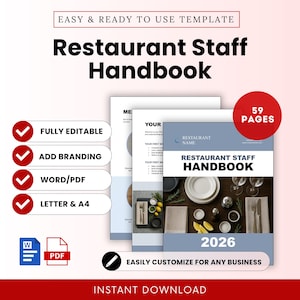 May include: A Restaurant Staff Handbook template with a cover featuring a table setting and the text "Restaurant Staff Handbook 2026." The image includes the words "Fully Editable," "Add Branding," "Word/PDF," and "Letter & A4."