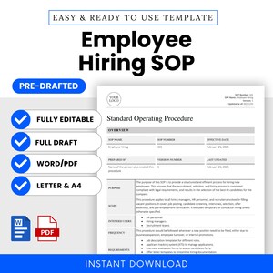 Employee Hiring SOP Template (Word, PDF) | Simple Standard Operating Procedure Template | Human Resources Small Business Document | Policy