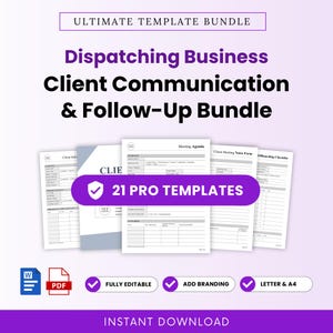 Pode incluir: Um pacote de documentos digitais intitulado Ultimate Template Bundle, Dispatching Business Client Communication & Follow-Up Bundle, com 21 modelos profissionais, ícones Word e PDF, totalmente editáveis, personalizáveis e formato A4.
