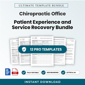 Könnte beinhalten: Ein digitales Paket mit 12 Vorlagen für Patientenerfahrung und Service-Wiederherstellung in einer chiropraktischen Praxis. Die Dokumente zeigen schwarzen Text auf weißen Seiten, einschließlich eines Patienten-Feedback-Formulars.