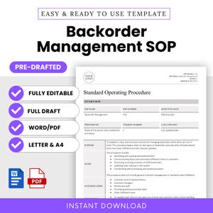 Backorder Management SOP Template (Word, PDF) | Simple Standard Operating Procedure Template | Warehouse, Operations, Ops, Order Fulfillment