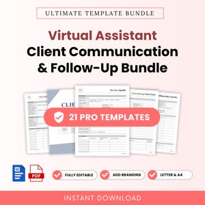 May include: A digital template bundle for virtual assistants featuring the text Ultimate Template Bundle, Virtual Assistant Client Communication & Follow-Up Bundle, and 21 Pro Templates. Includes document icons for Word and PDF formats.