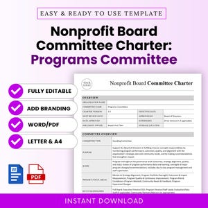 May include: A digital template for a Nonprofit Board Committee Charter, featuring a clean layout with sections for overview, committee details, and key stakeholders. The document is fully editable, supports branding, and is available in Word/PDF formats, ready for instant download.