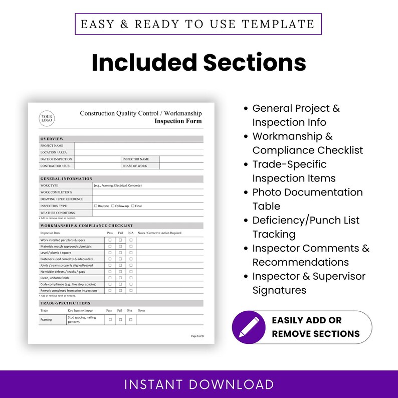Breakdown of all included sections in the form: general project info, compliance checklist, trade-specific items, photos, punch list, comments, and signatures; clear layout with editable features highlighted.