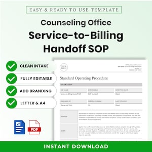 Può includere: Un modello digitale per una procedura operativa standard di trasferimento dal servizio alla fatturazione per un ufficio di consulenza. Il documento include sezioni per panoramica, scopo e ambito, con segni di spunta verdi ed etichette descrittive.