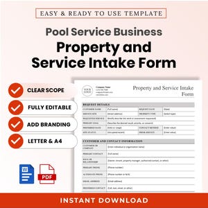 Pode incluir: Um modelo digital para um formulário de solicitação de serviço e propriedade para empresas de piscinas. O documento inclui seções para detalhes da solicitação e informações de contato do cliente. Inclui escopo claro, campos editáveis e formato A4.