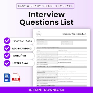 May include: A white and purple template titled "Interview Questions List" with sections for overview, general interview questions, experience, and role-specific questions. Features include fully editable, add branding, Word/PDF, and Letter & A4 options. "Instant Download" text is at the bottom.