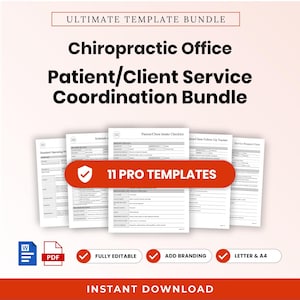 Könnte beinhalten: Ein digitales Bündel mit 11 Vorlagen für die Patienten- und Kundenkoordination in einer chiropraktischen Praxis. Die Dokumente umfassen Checklisten, Nachverfolgungstabellen und Serviceformulare, verfügbar als Word- und PDF-Dateien für A4.