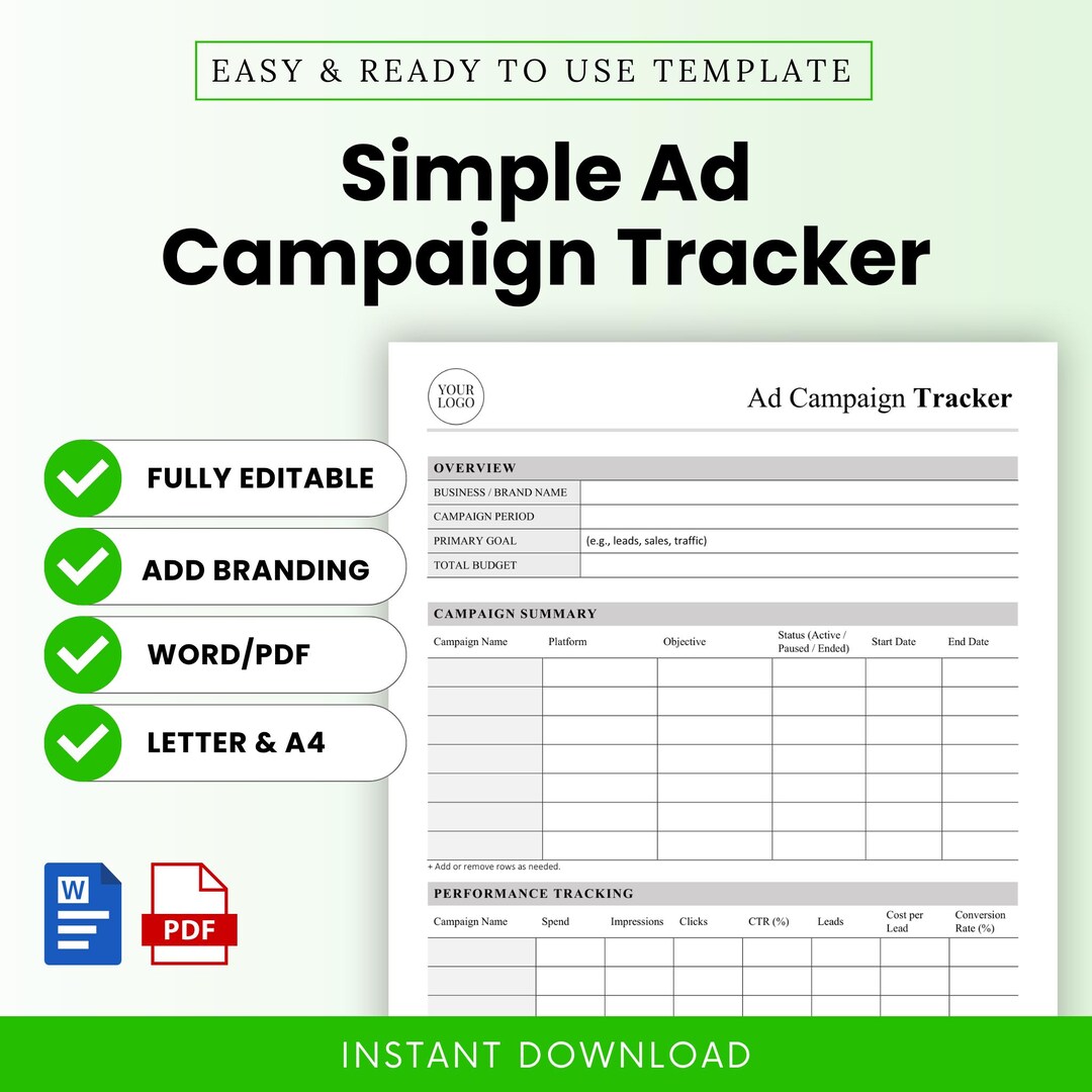 Simple Ad Campaign Tracker Template – Word & PDF, A4 + US Letter - Etsy