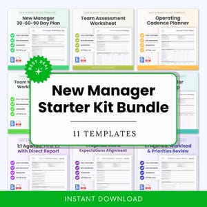 May include: A bundle of 11 printable templates for new managers, including a 30-60-90 day plan, team assessment worksheet, and operating cadence planner. The templates are fully editable and available for instant download.
