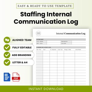Pode incluir: Um modelo digital para um registo de comunicação interna de pessoal, apresentando um documento branco com texto preto, incluindo secções para data, período, departamento, localização e uma grelha de seguimento, com ícones Word e PDF.