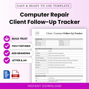 May include: A digital computer repair client follow-up tracker template featuring a white document with black text, including sections for overview, follow-up status guide, and priority guide. The design includes placeholders for a logo and text.