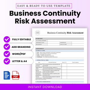 Può includere: Un modello di valutazione dei rischi di continuità operativa con il titolo "Business Continuity Risk Assessment". Il documento include sezioni per la panoramica, la valutazione e la guida alla valutazione. Include funzioni completamente modificabili, aggiungi il tuo marchio, Word/PDF e formato A4.