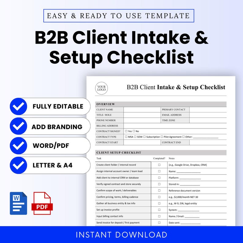 B2B Client Intake and Setup Checklist Template – Word & PDF, A4 + US ...