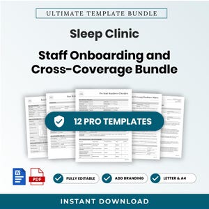Op de afbeelding: Een digitaal documentenpakket genaamd Ultimate Template Bundle voor het onboarden van personeel en cross-coverage in een slaapkliniek. Het bevat 12 professionele sjablonen in Word- en PDF-indeling met checklists en overzichten.