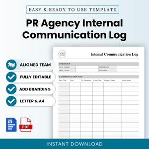 Pode incluir: Um modelo de registo de comunicação interna para agência de relações públicas, apresentando um documento branco com texto preto, incluindo secções para visão geral, data, período, preparado por, departamento, localização e uma tabela de registo com colunas para data, hora, de, para, departamento, tipo, mensagem e ação.