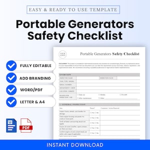 Puede incluir: Un documento blanco titulado "Portable Generators Safety Checklist" con casillas de verificación azules y cuadros de texto. El documento incluye secciones para los detalles de la inspección y un descargo de responsabilidad. Las palabras "Fully Editable", "Add Branding", "Word/PDF" y "Letter & A4" son visibles.