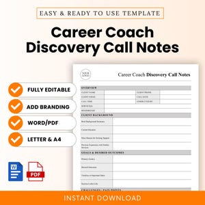 Op de afbeelding: Een witte sjabloon voor Career Coach Discovery Call Notes met secties voor klantinformatie, achtergrond, doelen en resultaten. Functies zijn onder meer volledig bewerkbaar, merk toevoegen, Word/PDF en Letter & A4-opties.