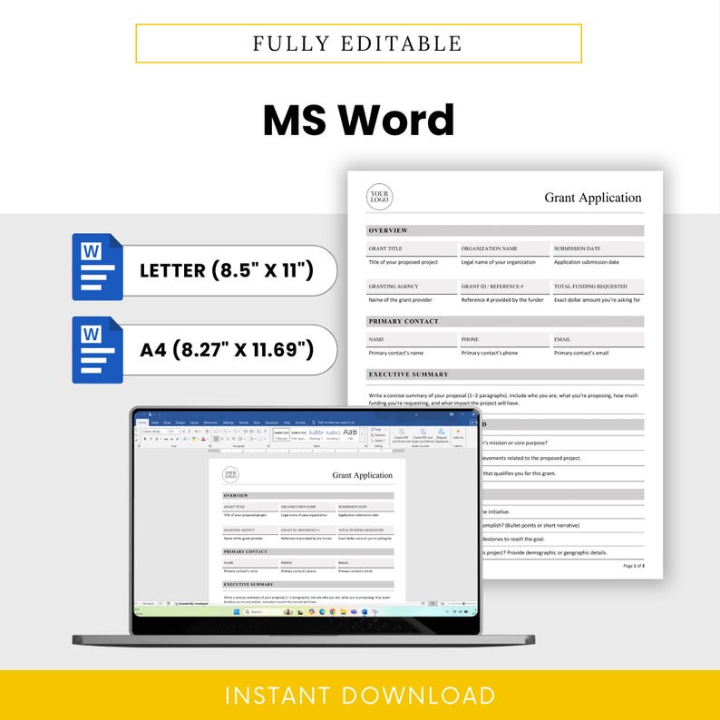 Image showing the grant application template open in Microsoft Word on a laptop, emphasizing compatibility with US Letter and A4 sizes. Features Word icons and a sleek digital interface.