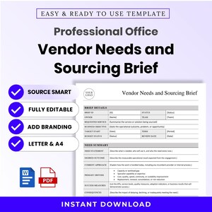 Könnte beinhalten: Eine professionelle Vorlage für ein Vendor Needs and Sourcing Brief mit Abschnitten für Brief-Details und Bedarfszusammenfassung. Das Dokument enthält Textfelder für ID, Eigentümer, Geschäftsziele und Erfolgsmessungen in Word- und PDF-Formaten.