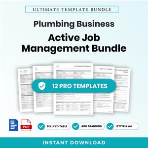Könnte beinhalten: Ein digitales Paket mit 12 professionellen Vorlagen für das Sanitär-Auftragsmanagement. Die Dokumente umfassen ein Übergabeprotokoll und eine Mängelliste, verfügbar in Word- und PDF-Formaten für die Papiergrößen Letter und A4.