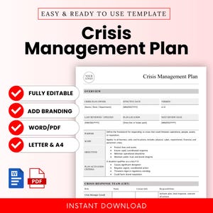May include: A white document titled "Crisis Management Plan" with sections for overview, plan details, and a crisis response team. The document includes the text "Fully Editable," "Add Branding," and "Word/PDF."