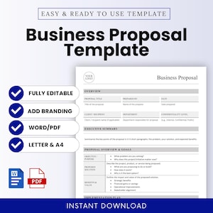 Puede incluir: Una plantilla de propuesta comercial con el título "Business Proposal Template" en letras grandes y en negrita. La plantilla incluye secciones para descripción general, resumen ejecutivo, descripción general y objetivos de la propuesta, y plan de implementación. Características: totalmente editable, agregar marca, Word/PDF y A4.