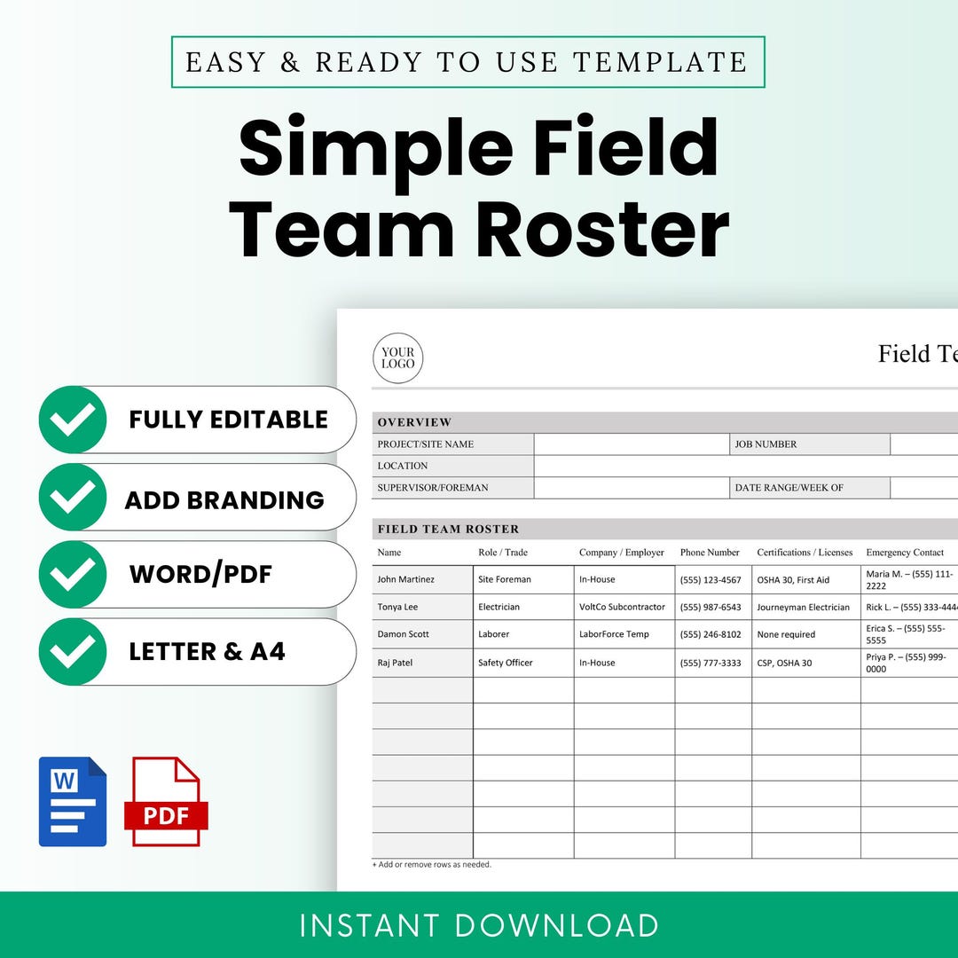 Simple Field Team Roster Template – Word & PDF, A4 + US Letter - Etsy