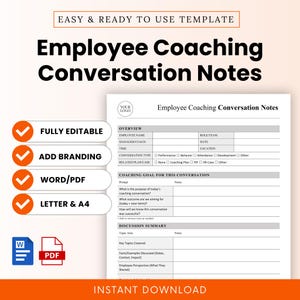 Puede incluir: Una plantilla blanca y beige titulada "Notas de conversación de coaching de empleados". La plantilla incluye secciones para información del empleado, objetivos de la conversación y resúmenes de la discusión. Las características incluyen opciones "Totalmente editable", "Agregar marca" y "Word/PDF".