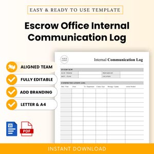 Pode incluir: Um modelo de registo de comunicação interna para escritório de escrow com cabeçalho para logótipo, secção de resumo para data, período, departamento e equipa, e uma grelha para registar detalhes de comunicação e ações necessárias.