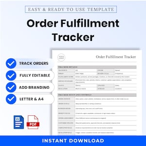 May include: A digital order fulfillment tracker template featuring sections for tracker details and setup controls. The document includes fields for tracker ID, owner, period, review cycle, fulfillment scope, service standard, status, updated, escalation, storage, order sources, and rules.