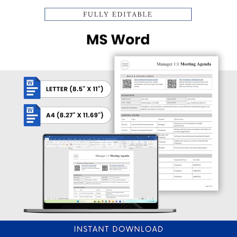 Digital preview of the agenda in Microsoft Word with editable sections, compatible with Letter and A4 sizes—designed for customization and brand-ready integration.