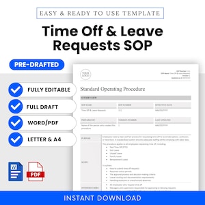 Time Off & Leave Requests SOP Template (Word, PDF) | Simple Standard Operating Procedure Template | Human Resources Business Document