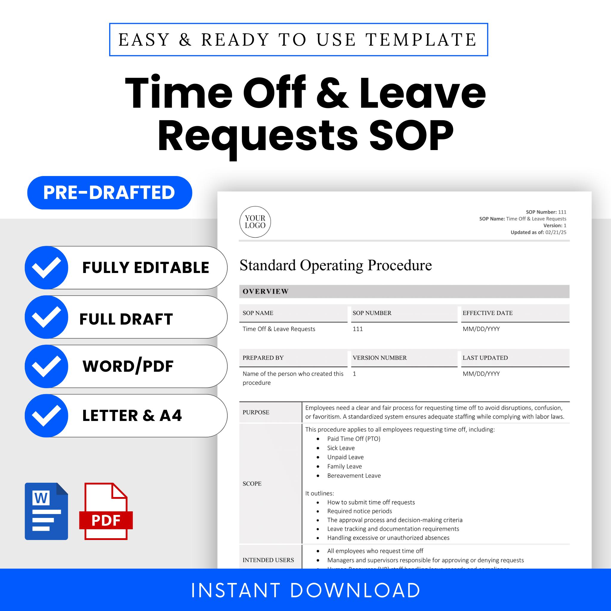 Time off \u0026 Leave Requests SOP Template (word, PDF) | Simple Standard  Operating Procedure Template | Human Resources Business Document - Etsy, image size:2048x2048