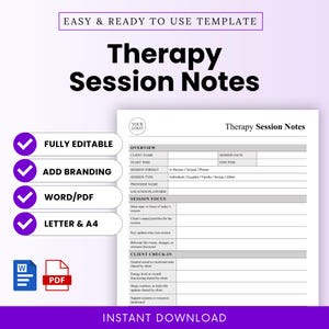 May include: A white Therapy Session Notes template with a purple and black design. The template includes sections for client information, session focus, and client check-in details. Features include fully editable, add branding, Word/PDF, and Letter & A4 options.